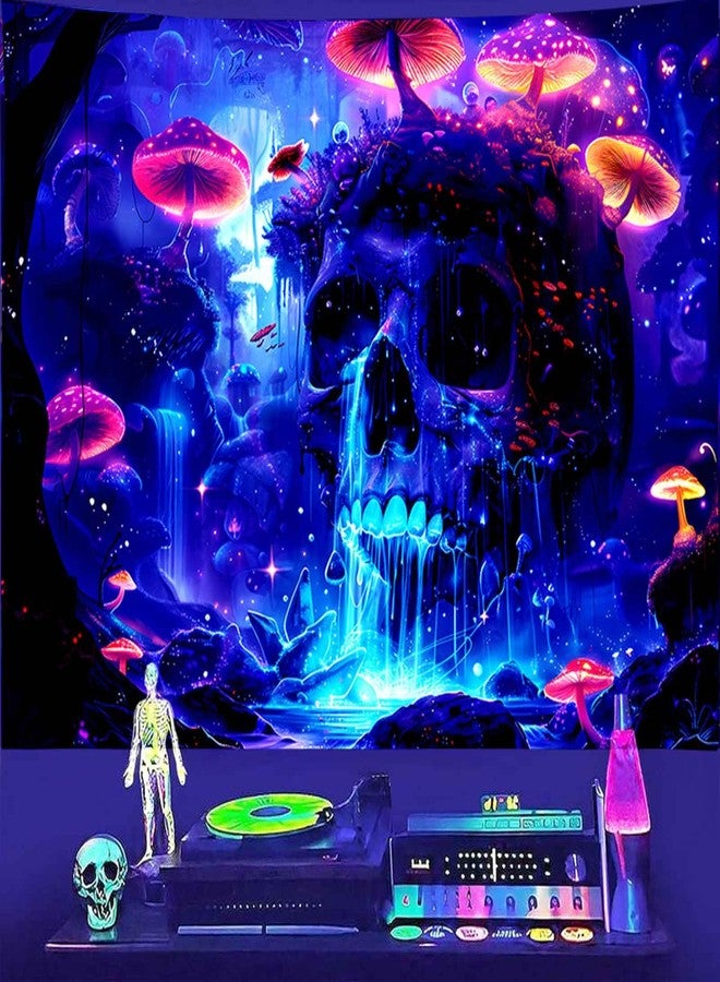 TUGCAY Blacklight Mushroom Skull Tapestry Skeleton Tapestry UV Reactive Waterfall Landscape Tapestries Glow in the Dark Horror Forest Tree Plant Wall Decor for Bedroom Living Room 51.2 x 59.1 inches - Image 2